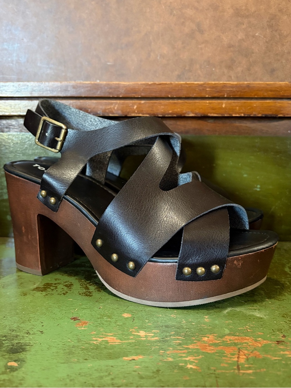 torrid Black Leather Cross-Strap Platform Sandals with Brown Wood-Look Heel